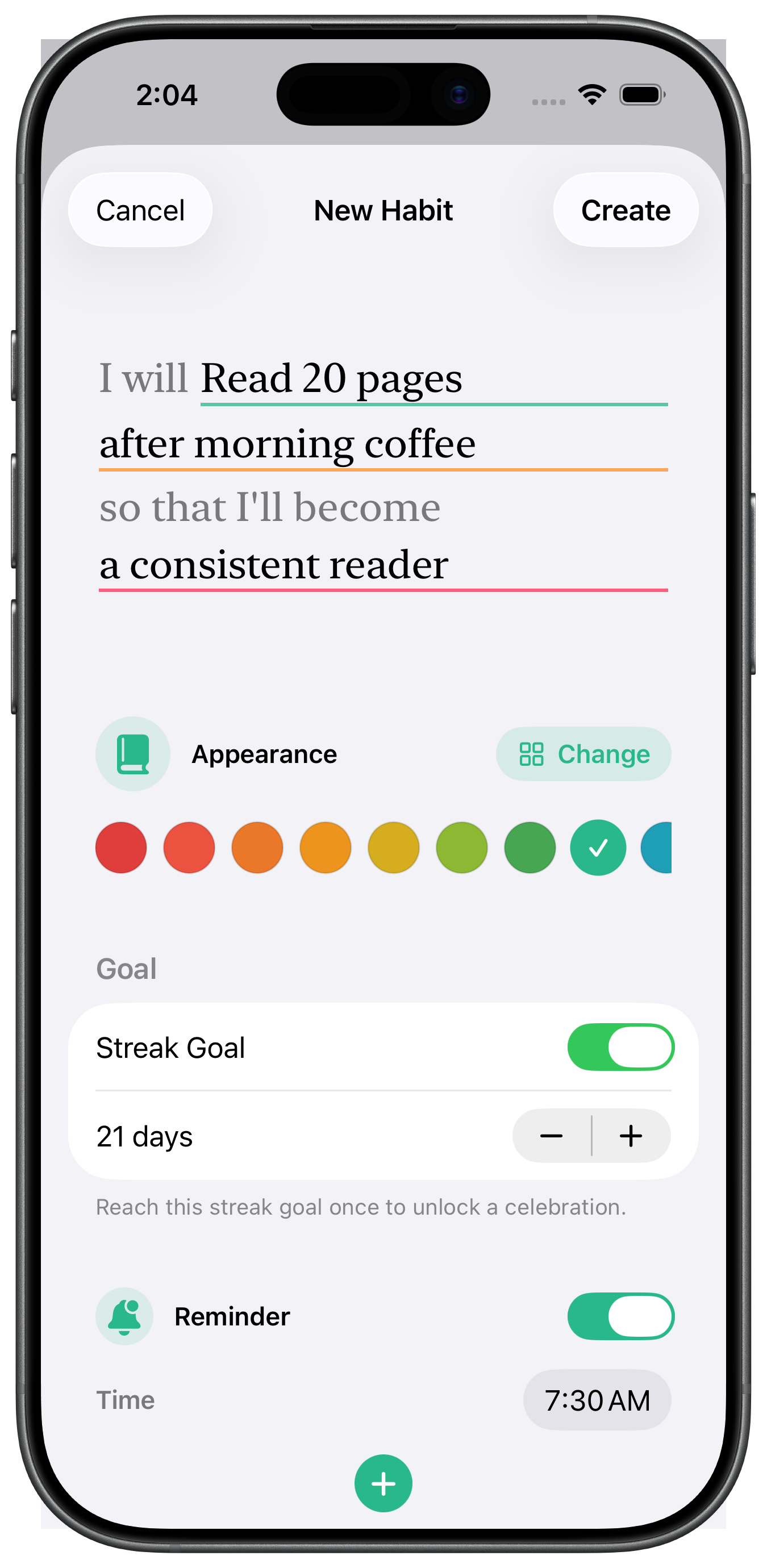 New habit screen with habit sentence, appearance, goal, and reminder settings.