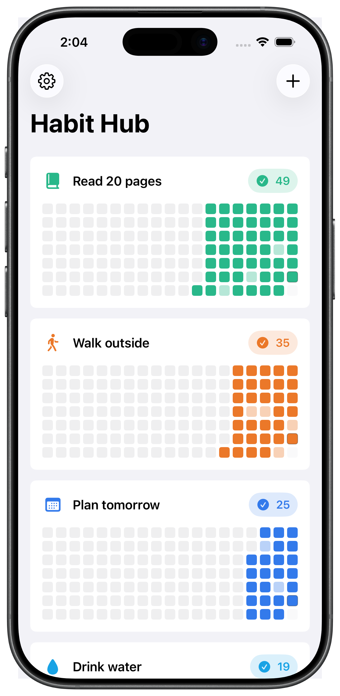 Habit Hub home screen showing daily habit cards with streak counts and activity grids.