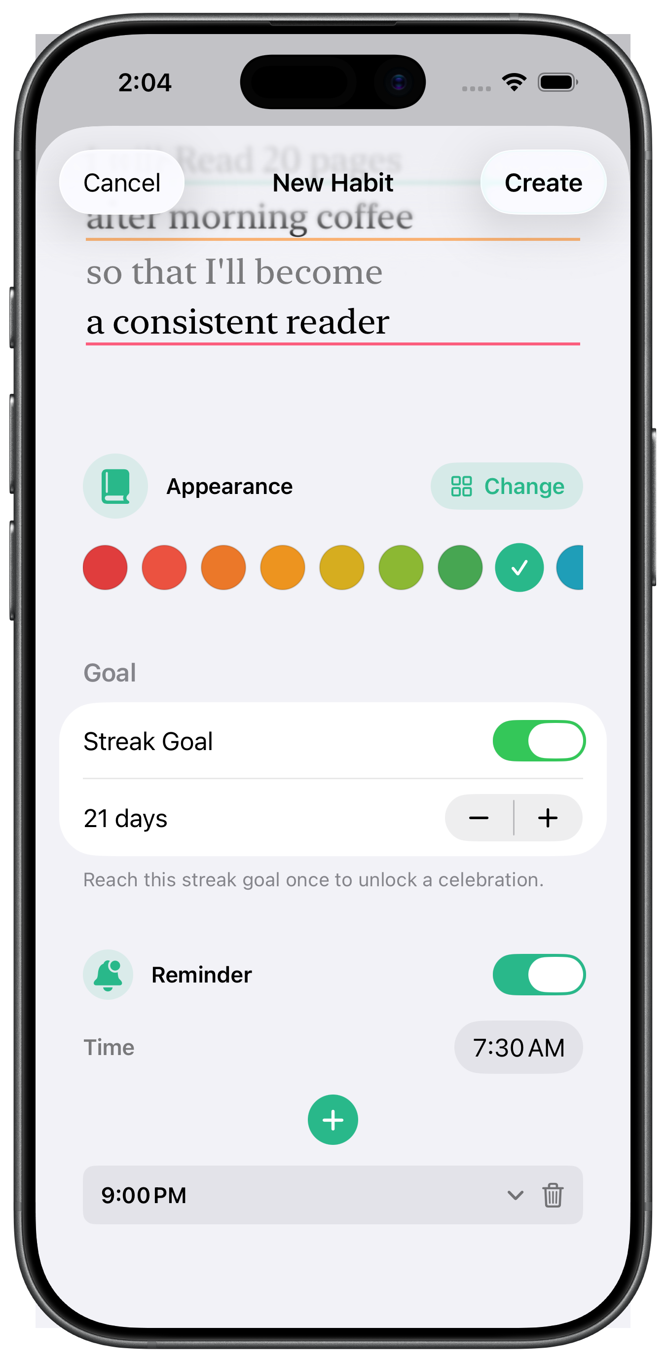 Reminder settings screen with a 7:30 AM reminder and another reminder row.