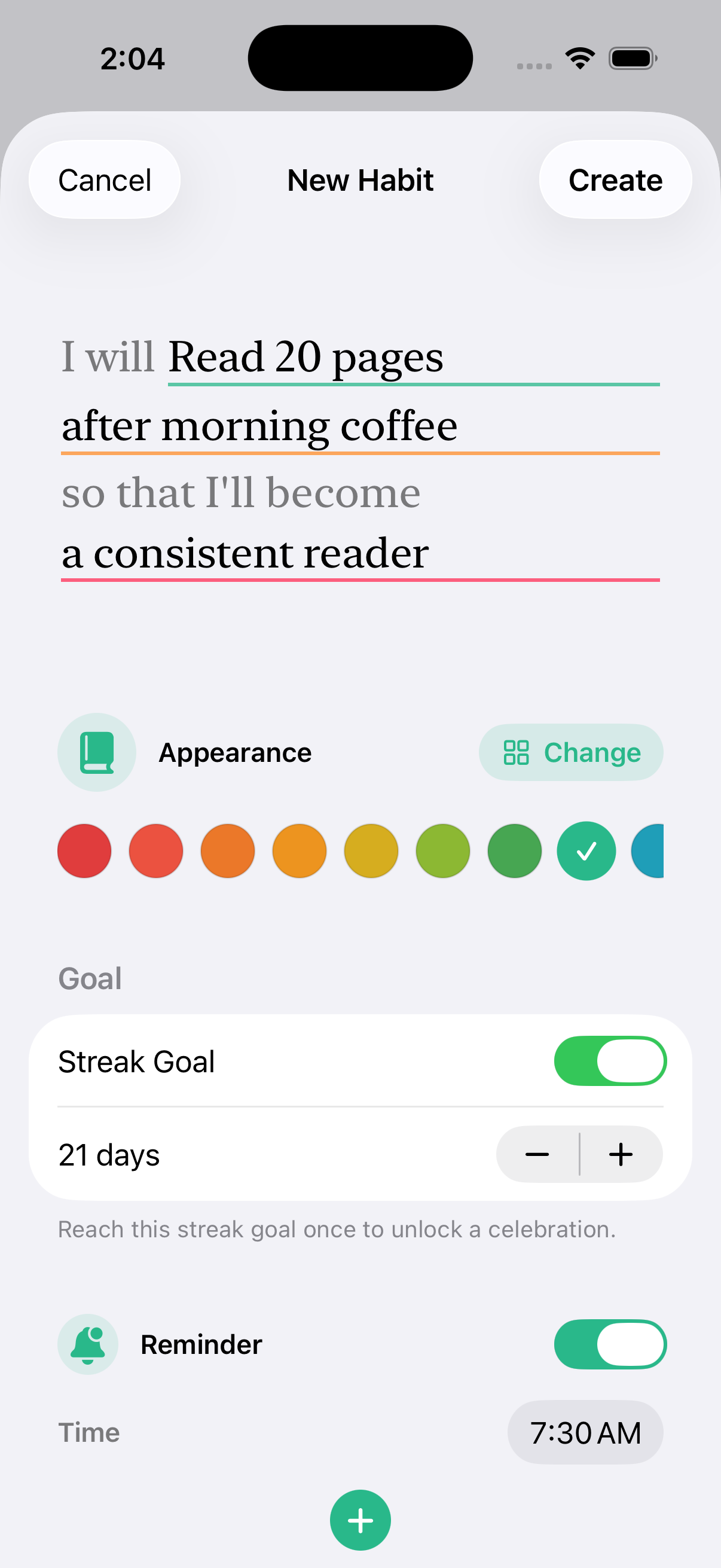New habit screen with habit sentence, appearance, goal, and reminder settings.