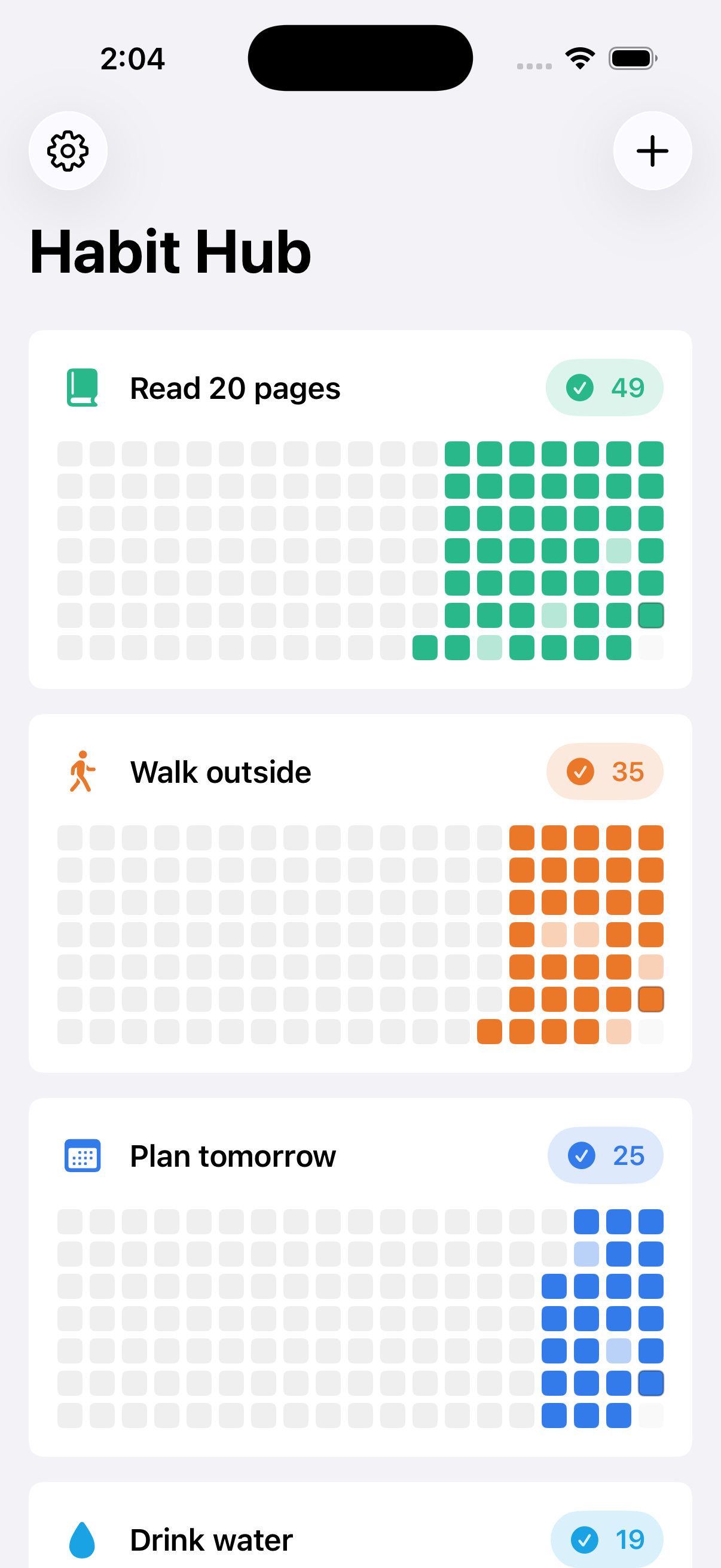 Habit Hub home screen showing daily habit cards with streak counts and activity grids.
