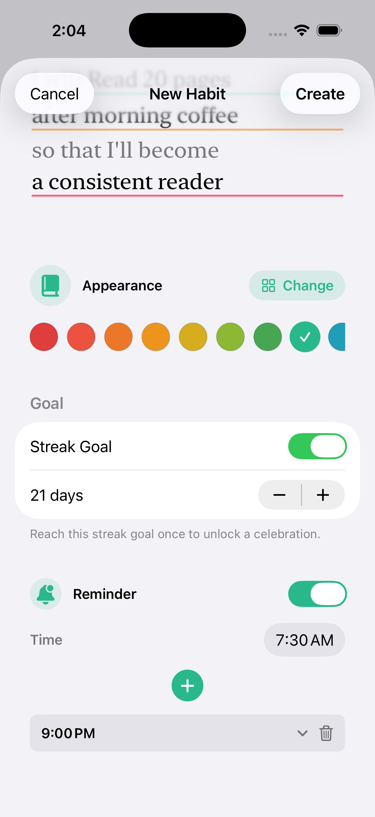 Reminder settings screen with a 7:30 AM reminder and another reminder row.